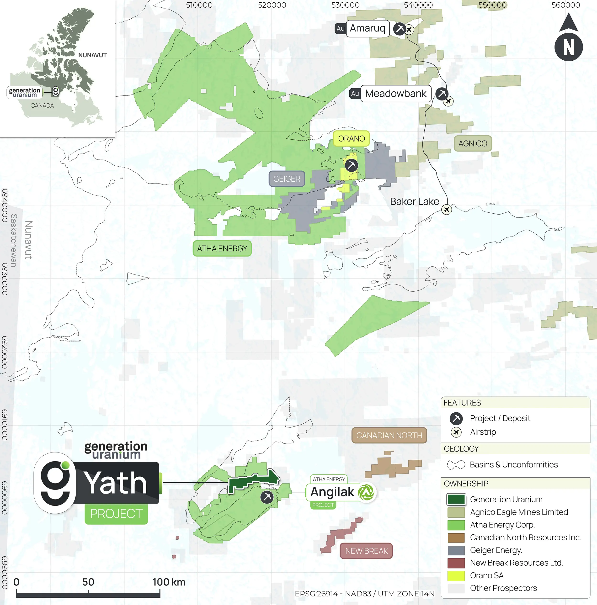 Company project map showing the Yath claim area in Nunavut and surrounding regional projects